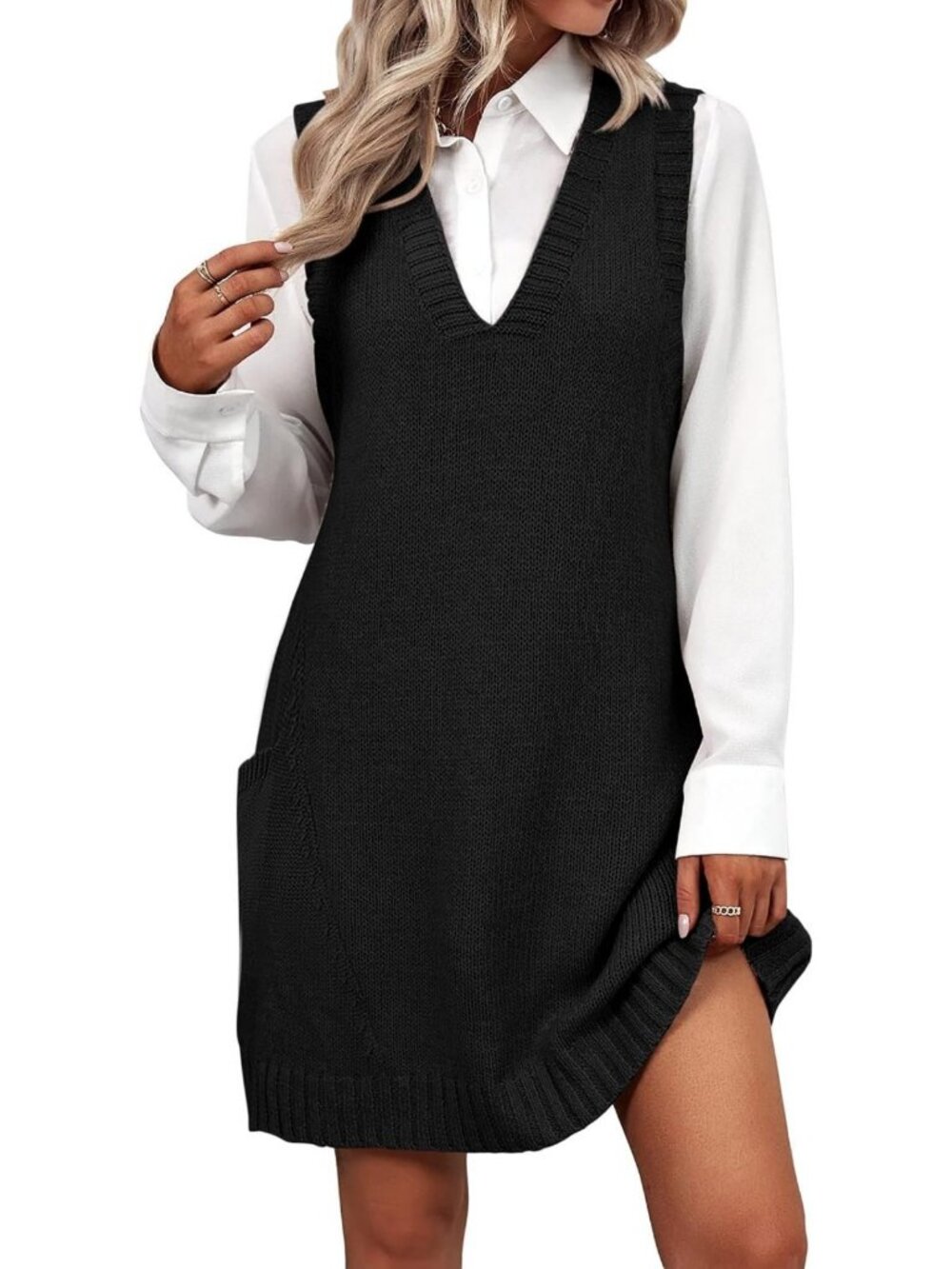Cozy Knitted Sweater Vest Dress with Pockets | V-Neck Tank Style for Fall